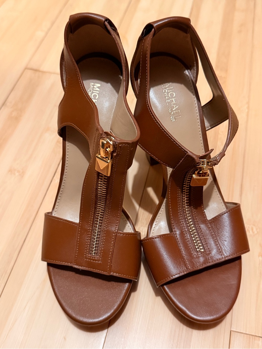 MICHAEL Michael Kors Tan Brown Leather Zip-Front Heels